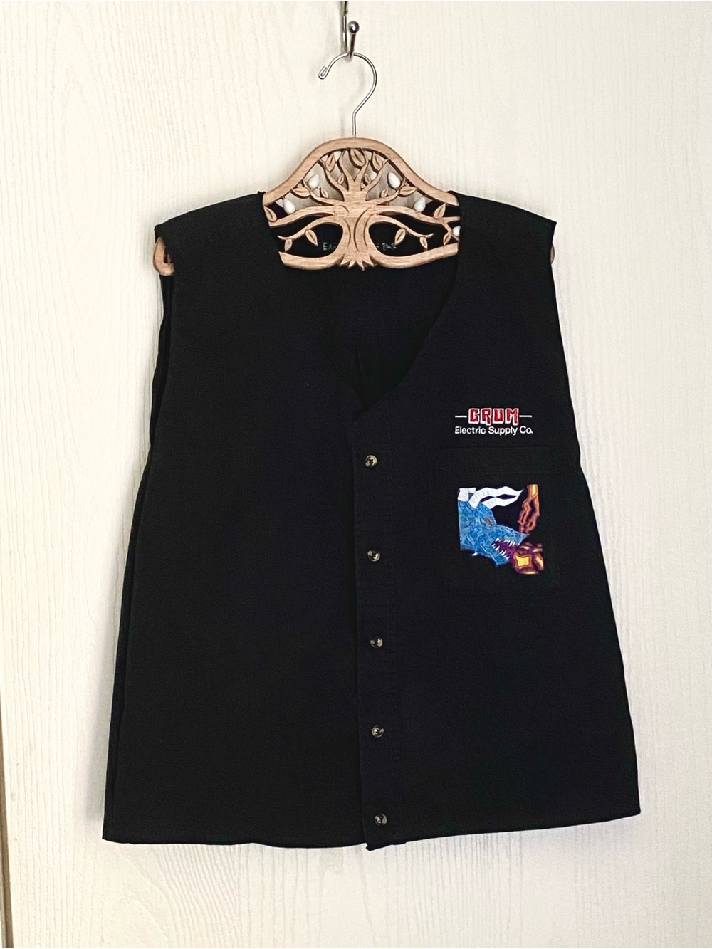 Black Button-Down V neck Work Shirt Upcycled Vintage Clothing